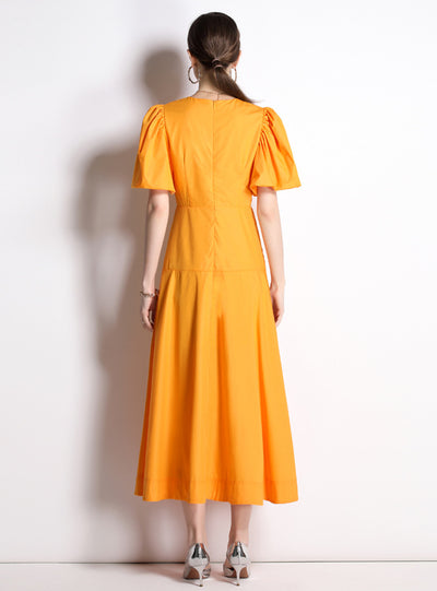 Orange Bubble Sleeve High Waist Dress