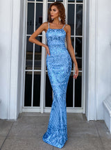 Thin Shoulder Strap Blue Sleeveless Long Dress