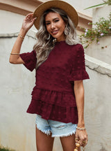 Lotus Leaf Short Sleeve Round Neck Lace Blouse