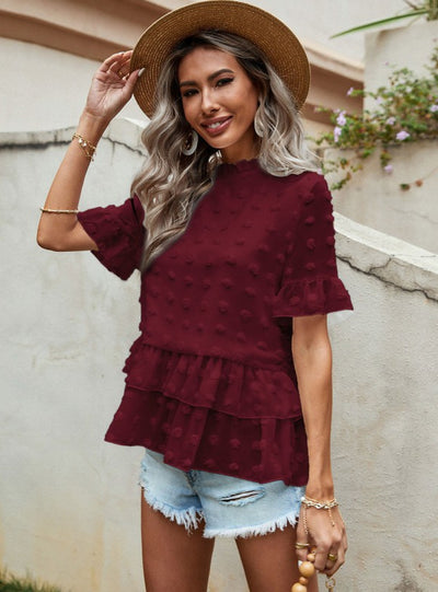 Lotus Leaf Short Sleeve Round Neck Lace Blouse