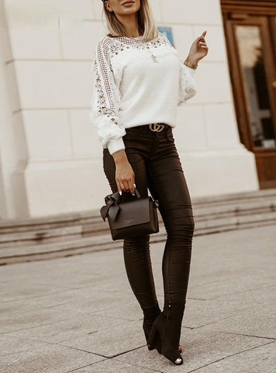 Women Solid Guipure Lace Lantern Sleeve Sweater