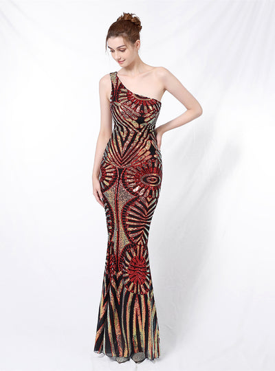 One Shoulder Sequined Fishtail Gown