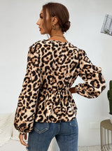 V-neck Top Long Sleeve Leopard Print Shirt