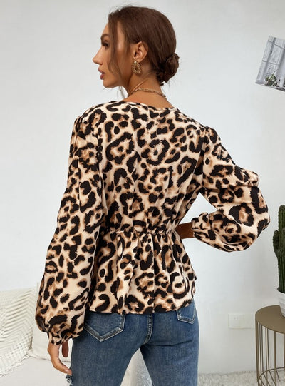 V-neck Top Long Sleeve Leopard Print Shirt