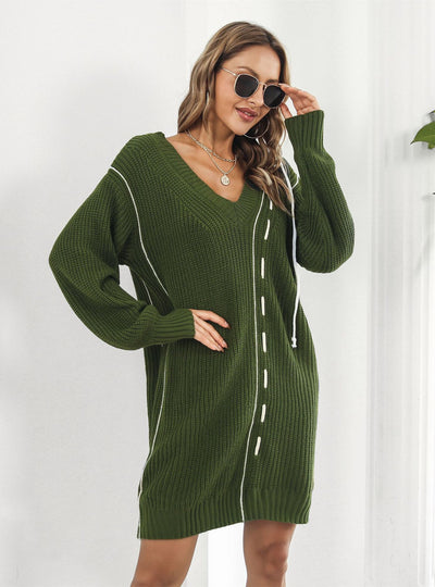Drawstring V-neck Long Sleeve Sweater Dress