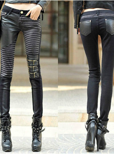Leather Patched Elastic Low Waist Sexy Slim Pencil Pants