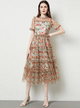 Short-sleeved Wooden Ear Gauze Print Dress