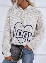 Letter Hooded Pullover Drawstring Sweater