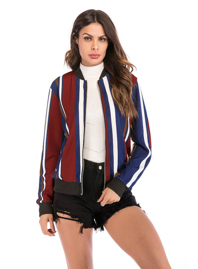 Stripes Printed Baseball Winter Short Zipper Coat