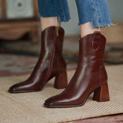 Women Thick Leather Heel Square Head Boots