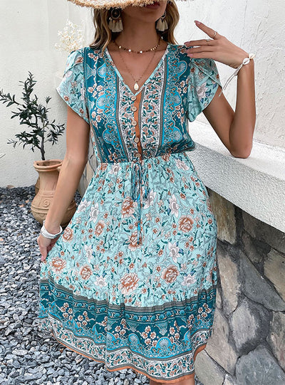 V-neck Printed Green Slim Dress