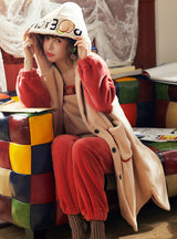 Three-piece Suit Long Robe Warm Coral Velvet Suspender Trousers