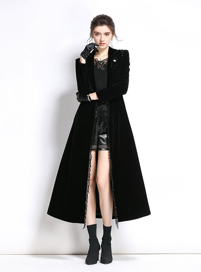 Winter Black Tassel Slim Velvet Windbreaker