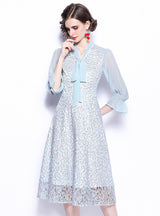 Lace Chiffon Stitching Slim Bow Dress