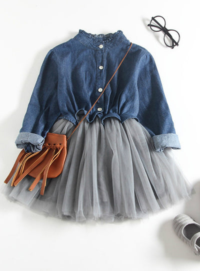 Denim Mesh Patchwork Girl Dress Long Sleeve