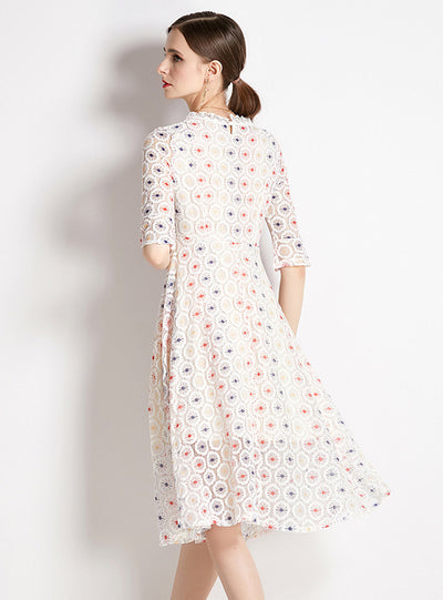 White Printed Lace Short Sleeves Dress