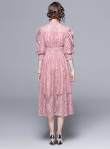 Lace Stand Collar Waist Puff Sleeve Dress