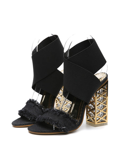 Luxury Metal Square High Heels Denim Sandals