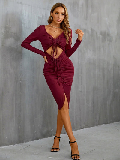 Sexy Drawstring Slit Long Sleeve Dress