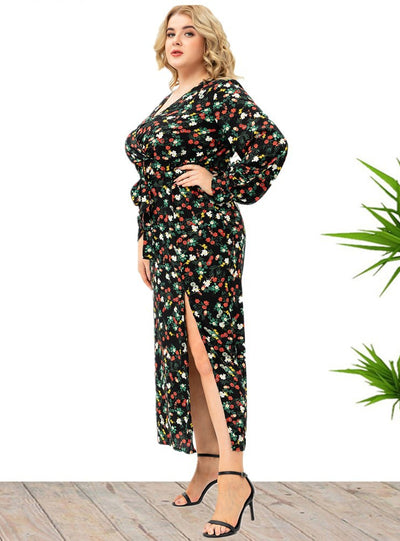 Large Size Long Sleeve Floral Split Dress