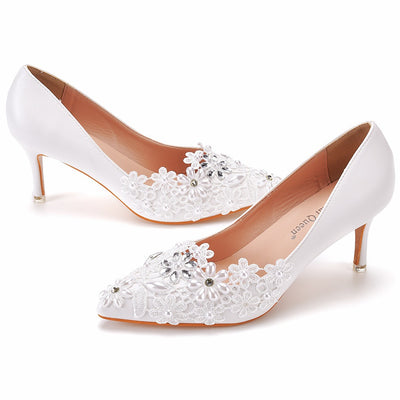 Thin Heel Lace Beaded Wedding Shoes