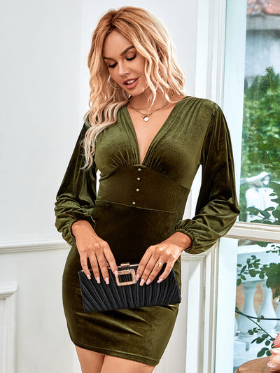Sexy V-neck Velvet Bubble Sleeves Dress