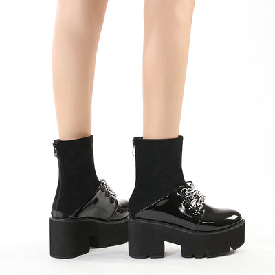 Zipper Thick-soled Spliced Metal Velvet Booties
