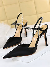 High-heeled Satin Shallow Pointed Rhinestone Sandals