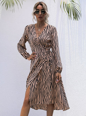 Zebra Lace-up Long Sleeve Dress
