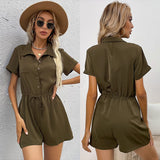 Loose Short Sleeve Drawstring Lapel Wide Leg Jumpsuit