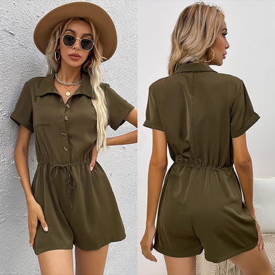 Loose Short Sleeve Drawstring Lapel Wide Leg Jumpsuit