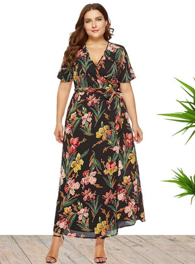 Printed Bohemian V-neck Short Sleeve Beach Dress