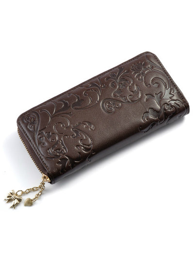 Genuine Leather Women Long Purse Flower Embossing 
