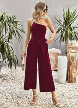 One Shoulder Solid Color Strap Jumpsuit