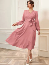 Bubble Sleeve Belt V-neck Long-sleeved Dress