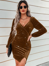 Fashion V-neck Long Sleeve Velvet Dress