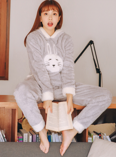Pink High Neck Rabbit Coral Velvet Pajamas