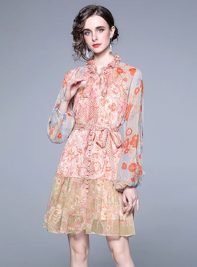 Wooden Ear Design Sweet Floral Chiffon Dress