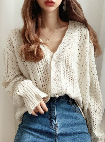 Low V-Neck Knit Tops Long Sleeve Hollow Out Cardigan