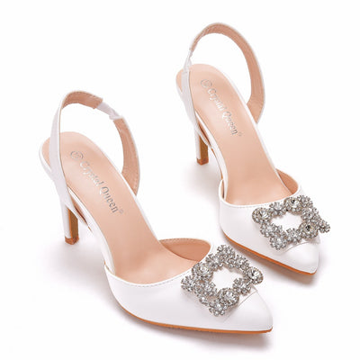 Thin-pointed Square Buckle Rhinestone High-heeled Sandals