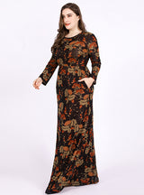 Large Size Round Neck Long Sleeve Printed Retro Dress
