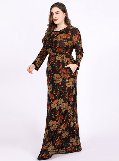Large Size Round Neck Long Sleeve Printed Retro Dress