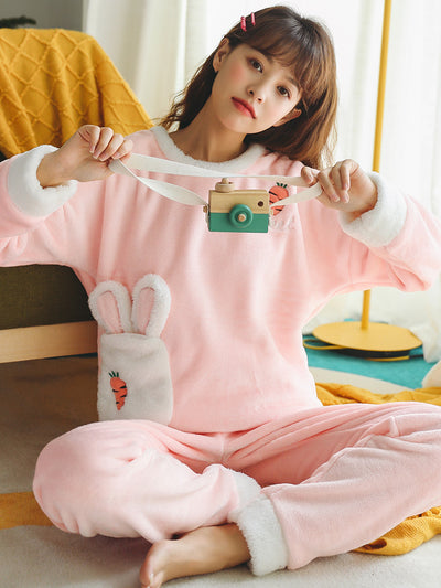 Pink Carrot Rabbit Scoop Coral Velvet Pajamas Suit