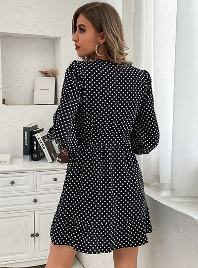 V-neck Lace-up Polka Dot Long Sleeve Dress