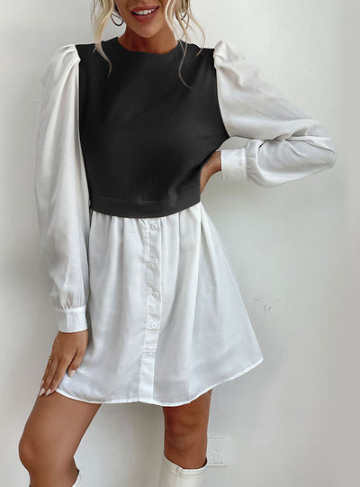 Round Neck Bubble Sleeve Stitching Shirt Dress