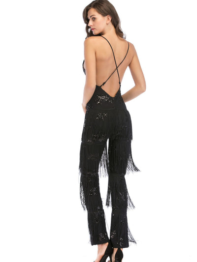 Sliced Trousers Tassels Sequins Jumpersuit