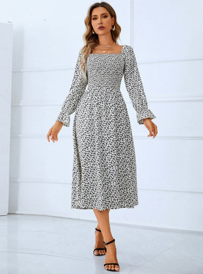 Long Sleeve Printed Square Collar Dress