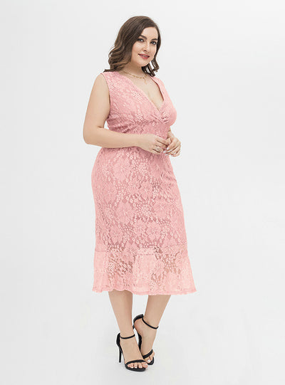 Sexy Pink Sheath Lace V-neck Party Dress