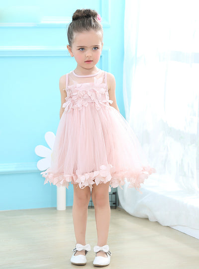 Mesh Girls Clothes Pink Applique Princess Dress