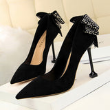 Rhinestone Bow Shallow Suede Pointed Back Shoes